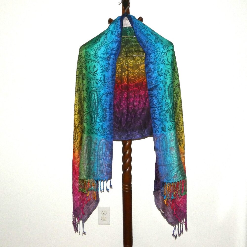 Colorful Pashmina Fringed Shawl Scarf Wrap Rainbow Colors Reversible - Picture 2 of 4